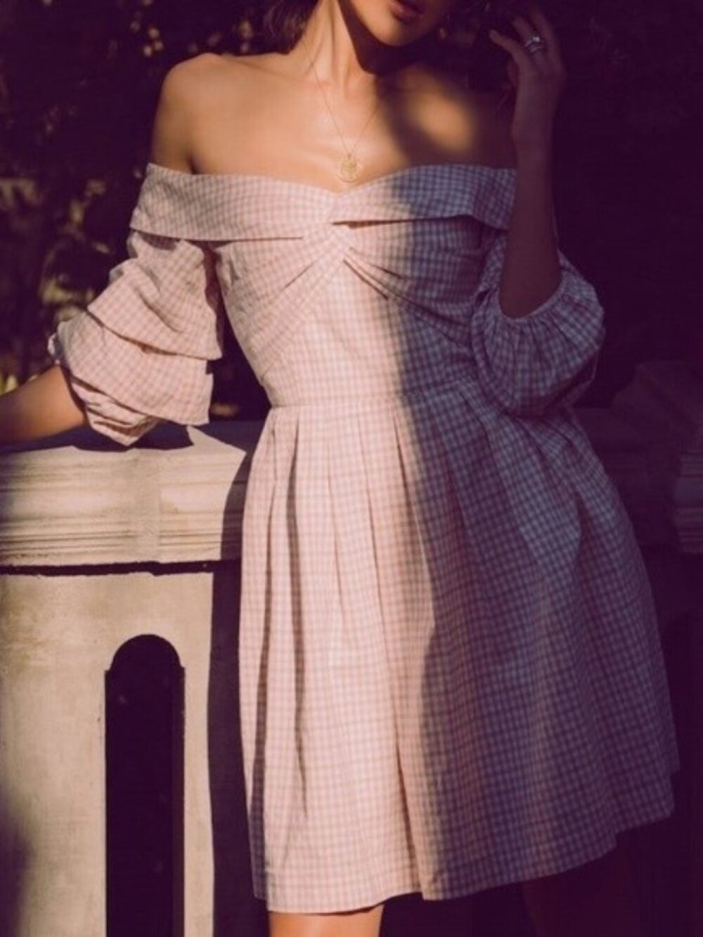 Chriselle J.O.A. Pink Gingham Plaid Off the Shoulder Short Dress Size Medium